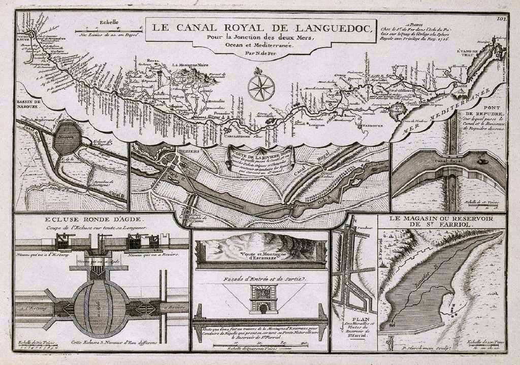 "Le canal royal de Languedoc pour la jonction des deux mers, Océan et Méditerranée", Nicolas de Fer (1716). Château de Versailles. © RMN - Grand Palais / Gérard Blot.