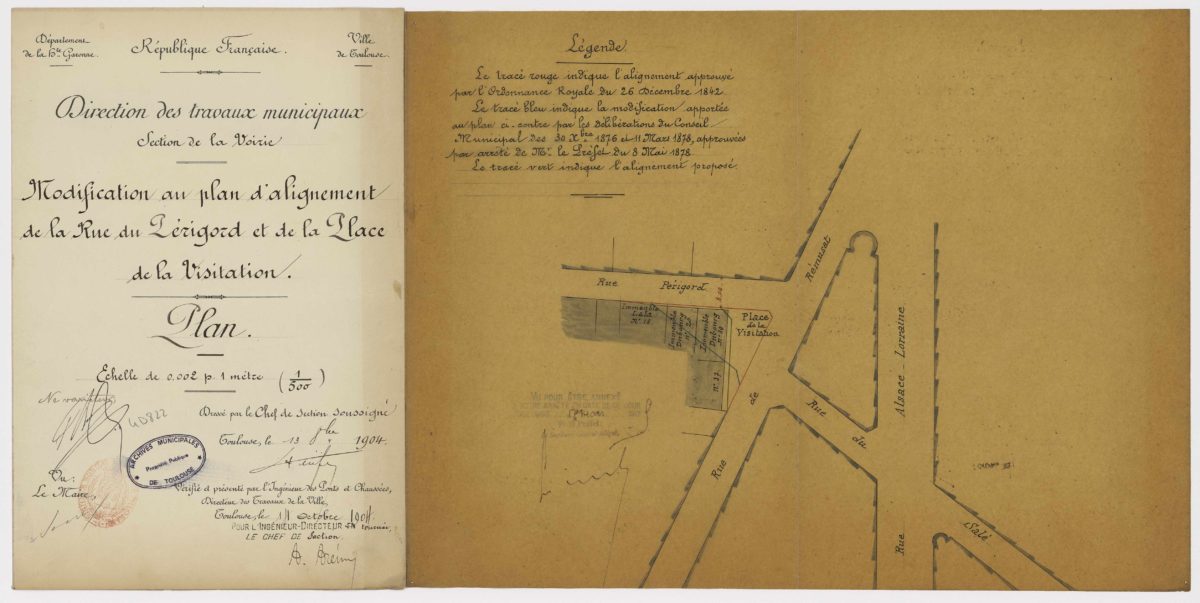 Angle de la rue du Périgord et de la place de la Visitation ; relevé et projet de modification de l'alignement. 13 octobre 1904. Ville de Toulouse - Archives municipales. 64Fi10037